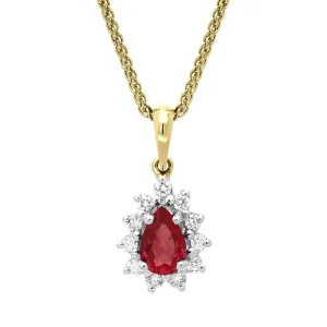 18ct Yellow Gold 0.56ct Ruby Diamond Pear Cluster Necklace