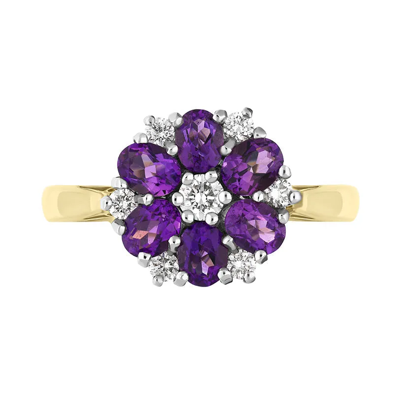 18ct Yellow Gold 0.98ct Amethyst Diamond Oval Cluster Ring