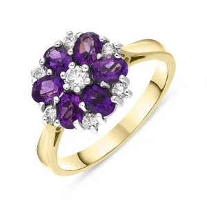 18ct Yellow Gold 0.98ct Amethyst Diamond Oval Cluster Ring