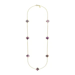 18ct Yellow Gold Blue John bloom Four Leaf Clover Long Necklace