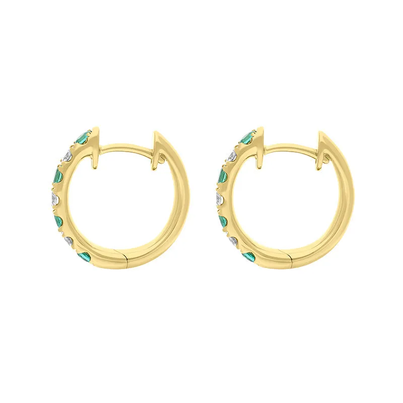 18ct Yellow Gold Emerald Diamond 13.5mm Hoop Earrings