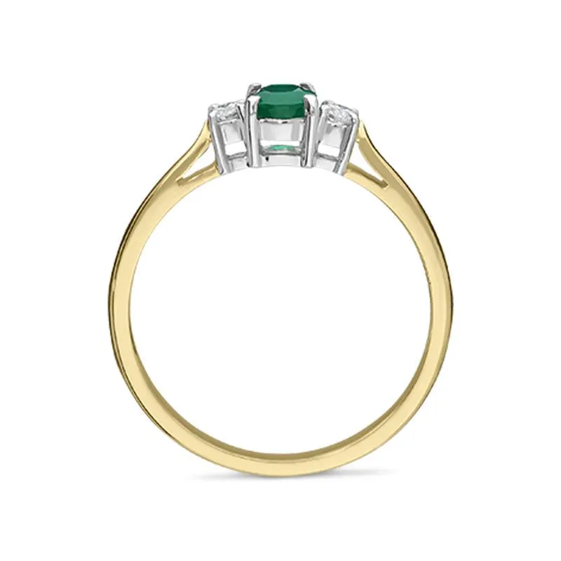 18ct Yellow Gold Emerald Diamond Three Stone Ring