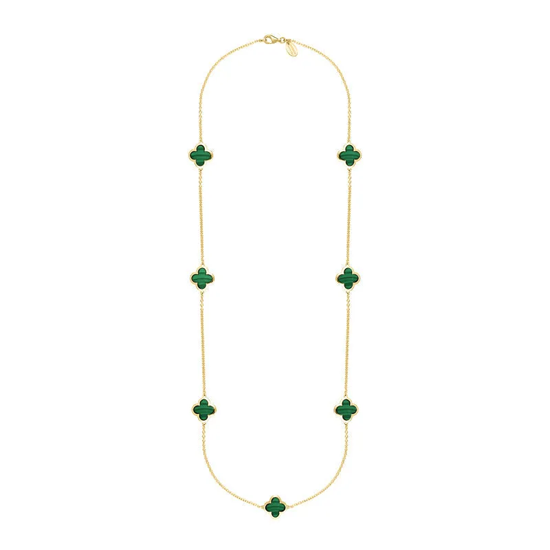 18ct Yellow Gold Malachite Bloom Four Leaf Clover Long Necklace