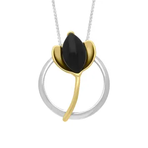 18ct Yellow Gold Plated Sterling Silver Whitby Jet Open Circle Leaf Necklace