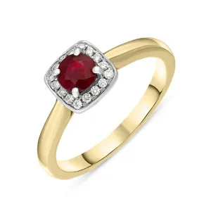 18ct Yellow Gold Ruby Diamond Pave Vintage Style Cushion Cluster Ring