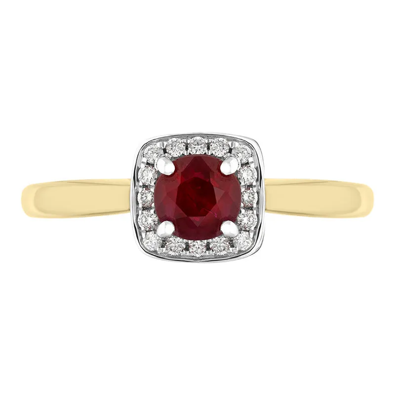 18ct Yellow Gold Ruby Diamond Pave Vintage Style Cushion Cluster Ring