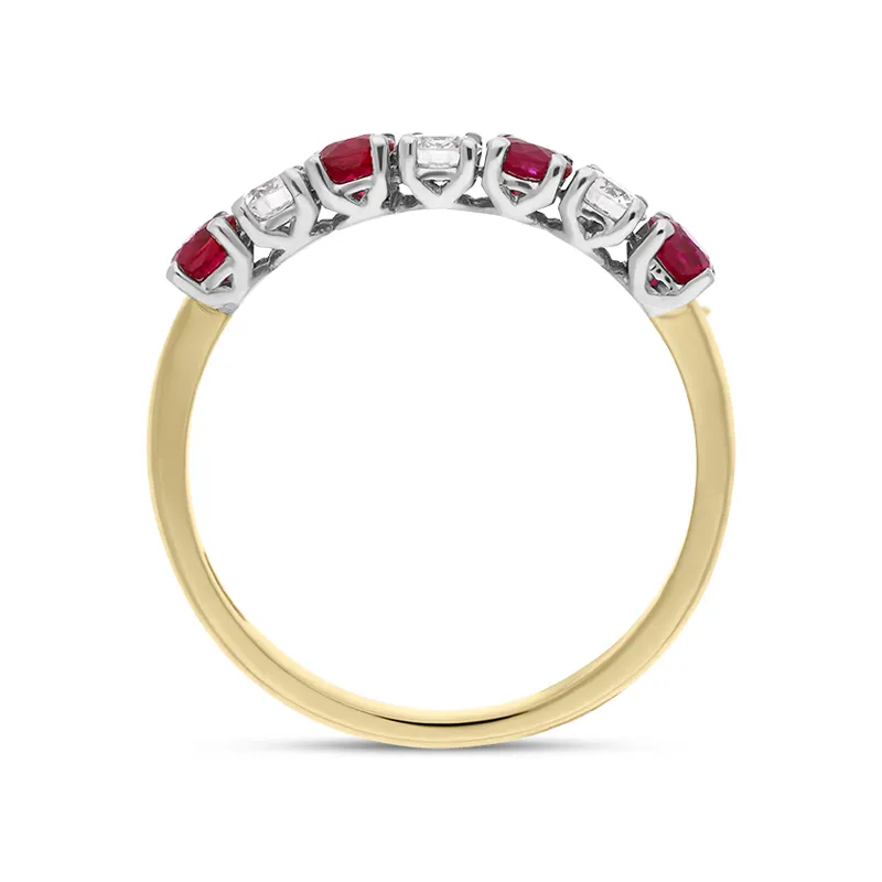 18ct Yellow Gold Ruby Diamond Seven Stone Half Eternity Ring