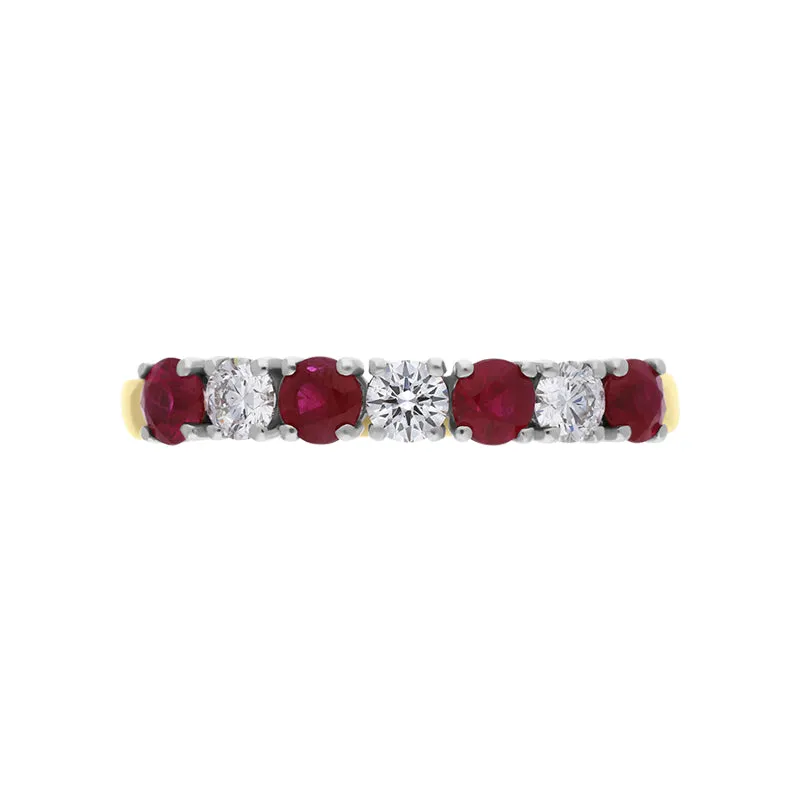 18ct Yellow Gold Ruby Diamond Seven Stone Half Eternity Ring