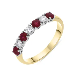 18ct Yellow Gold Ruby Diamond Seven Stone Half Eternity Ring
