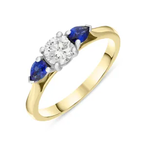 18ct Yellow Gold Sapphire Diamond Round and Pear Cut Three Stone Ring