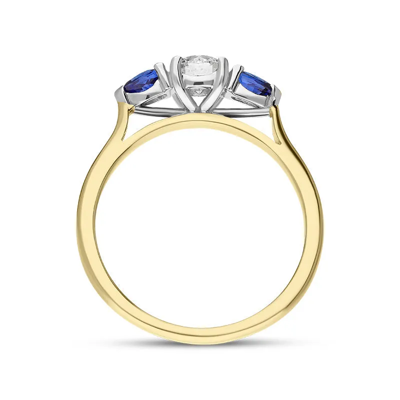 18ct Yellow Gold Sapphire Diamond Round and Pear Cut Three Stone Ring