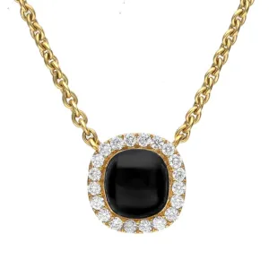 18ct Yellow Gold Whitby Jet 0.14ct Diamond Cushion Shaped Necklace