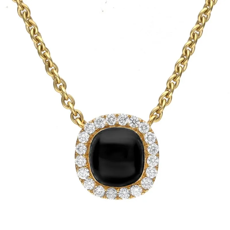 18ct Yellow Gold Whitby Jet 0.14ct Diamond Cushion Shaped Necklace