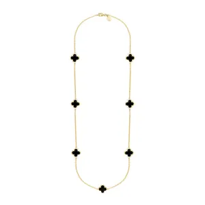 18ct Yellow Gold Whitby Jet Bloom Four Leaf Clover Long Necklace
