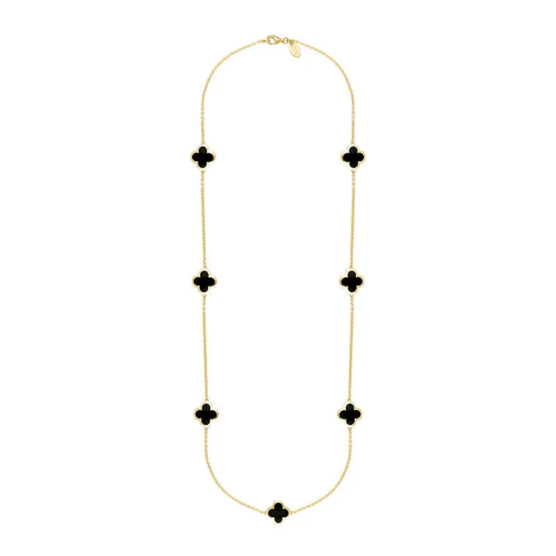18ct Yellow Gold Whitby Jet Bloom Four Leaf Clover Long Necklace