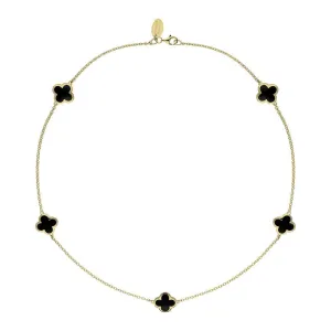 18ct Yellow Gold Whitby Jet Bloom Four Leaf Clover Necklace