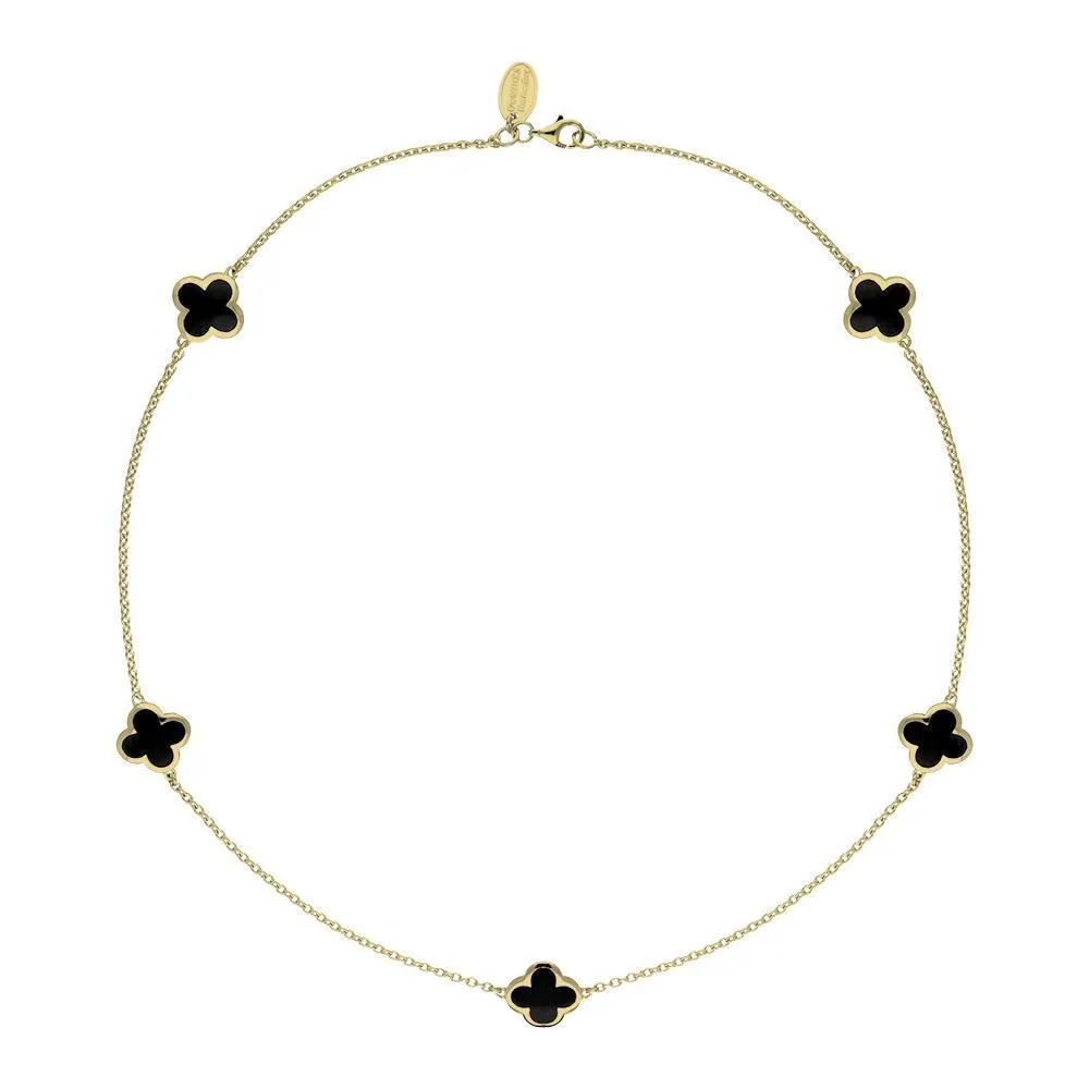 18ct Yellow Gold Whitby Jet Bloom Four Leaf Clover Necklace