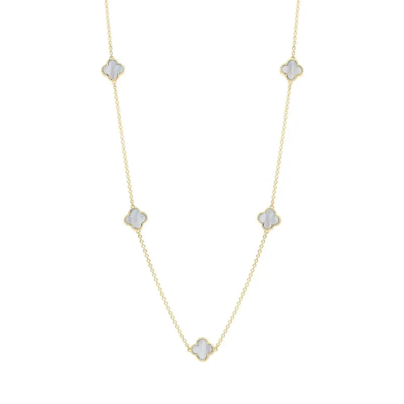 18ct Yellow Gold White Mother of Pearl Bloom Four Leaf Clover Ball Edge Necklace