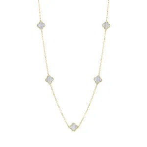 18ct Yellow Gold White Mother of Pearl Bloom Four Leaf Clover Ball Edge Necklace