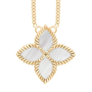 18ct Yellow Gold White Mother of Pearl Eden Large Marquise Flower Necklace