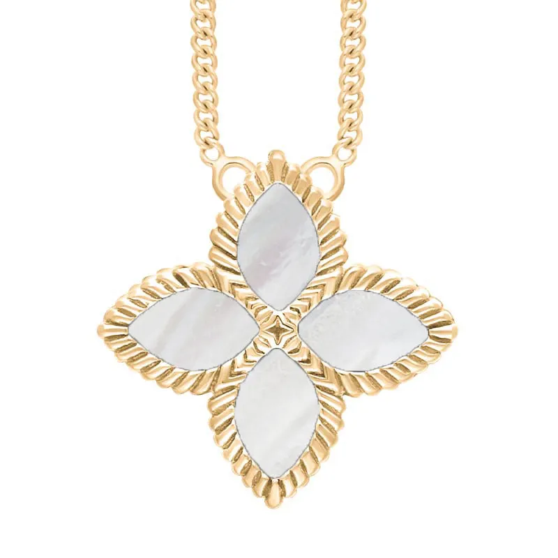18ct Yellow Gold White Mother of Pearl Eden Large Marquise Flower Necklace