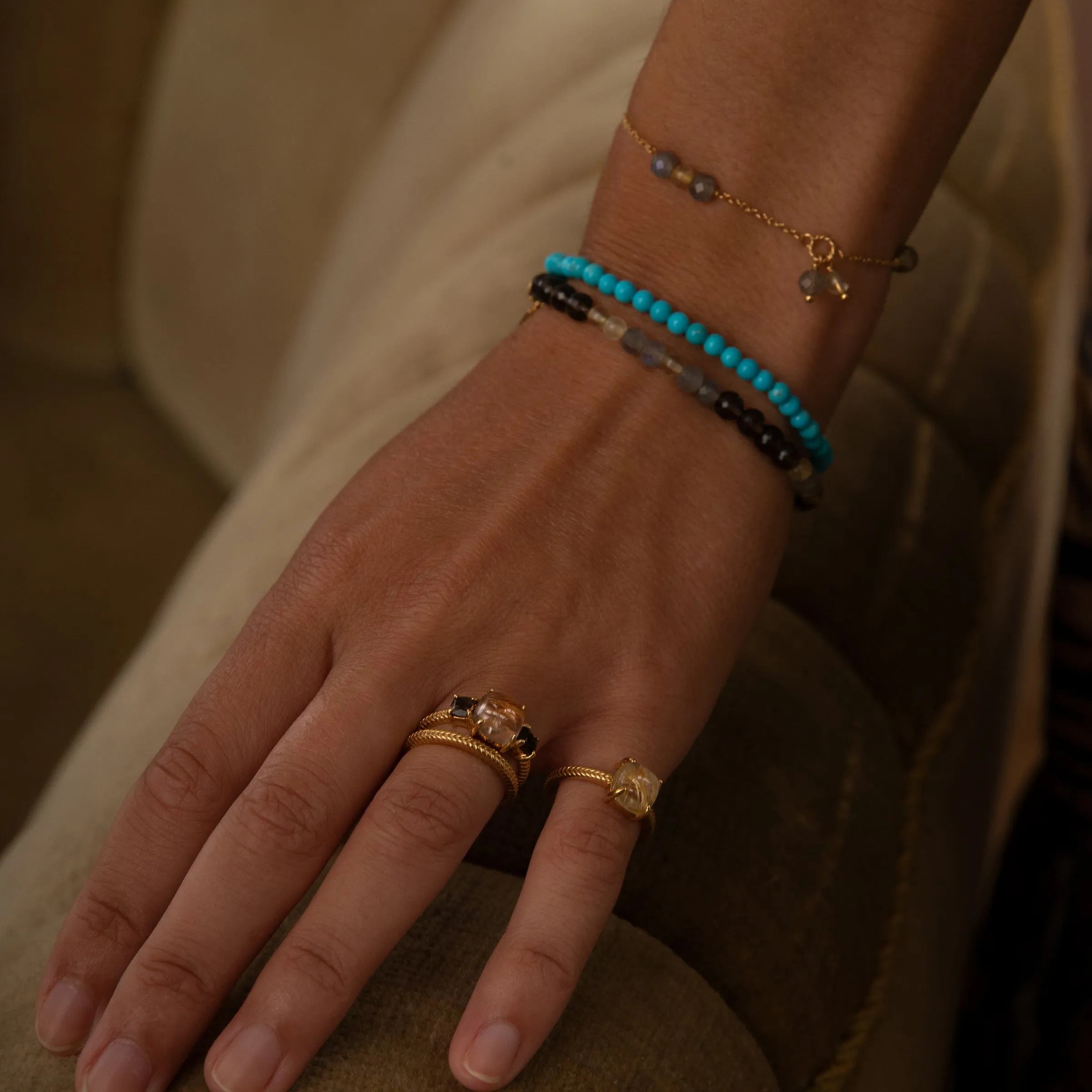 18K Gold Plated Bracelet w. Labradorite & Quartz