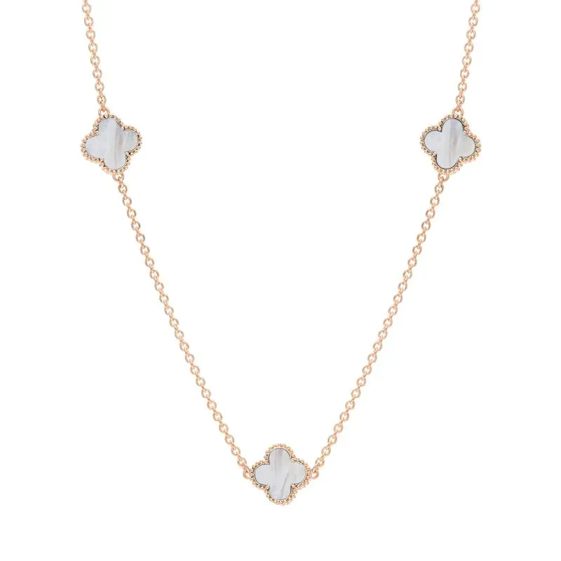 9ct Rose Gold White Mother of Pearl Bloom Four Leaf Clover Ball Edge Necklace