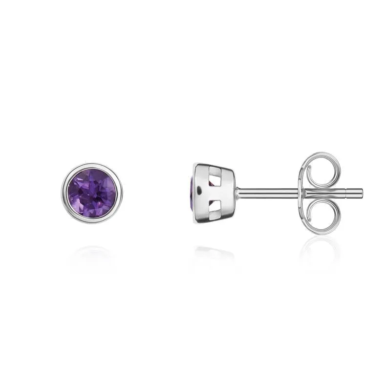 9ct White Gold Amethyst 3mm Round Rub Over Set Stud Earrings