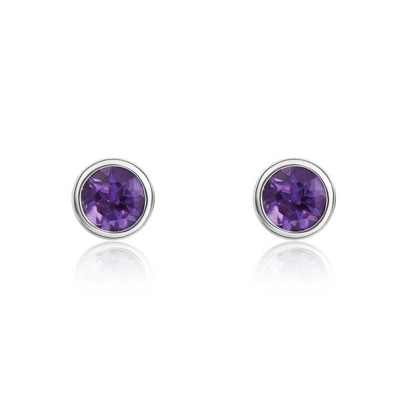9ct White Gold Amethyst 3mm Round Rub Over Set Stud Earrings