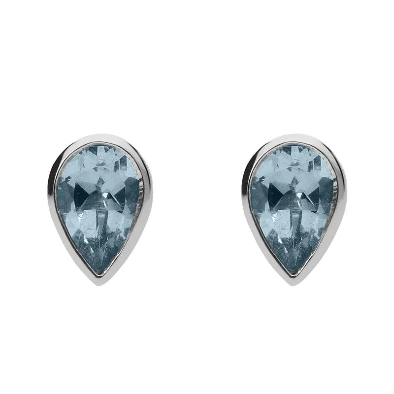 9ct White Gold Aquamarine 6x4mm Pear Rub Over Set Stud Earrings