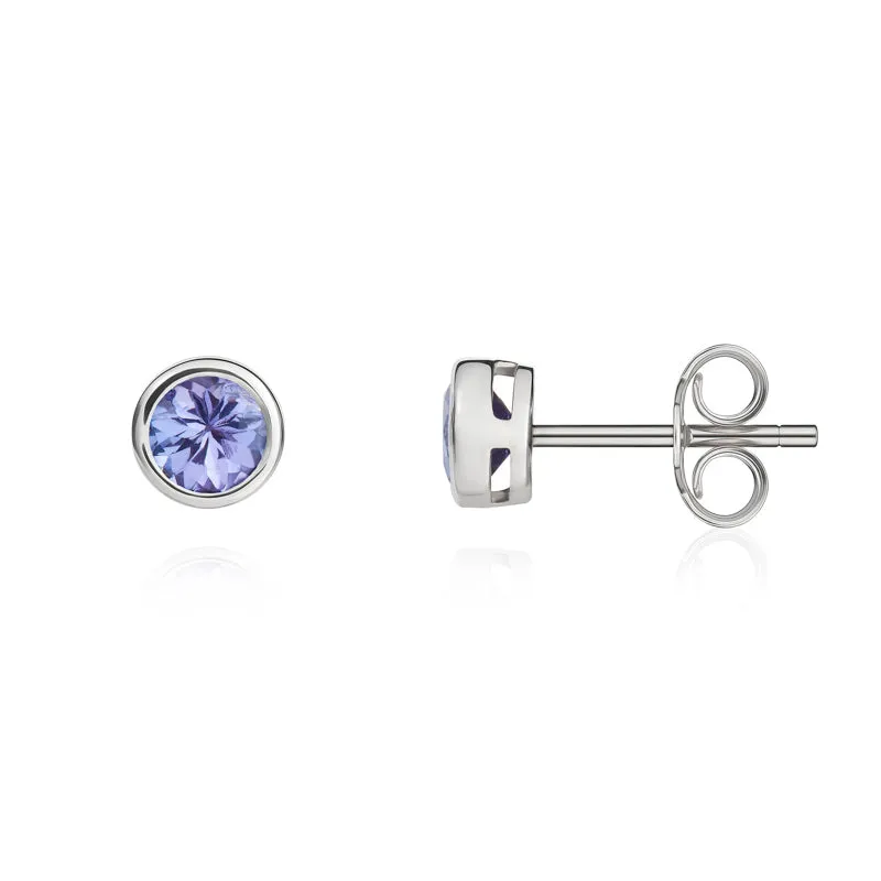 9ct White Gold Tanzanite 4mm Round Rub Over Set Stud Earrings