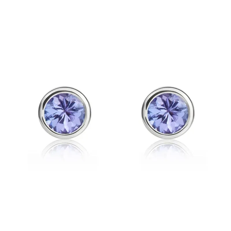 9ct White Gold Tanzanite 4mm Round Rub Over Set Stud Earrings