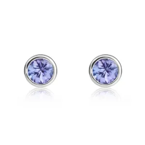 9ct White Gold Tanzanite 4mm Round Rub Over Set Stud Earrings