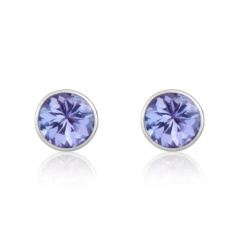 9ct White Gold Tanzanite 5mm Round Rub Over Set Stud Earrings