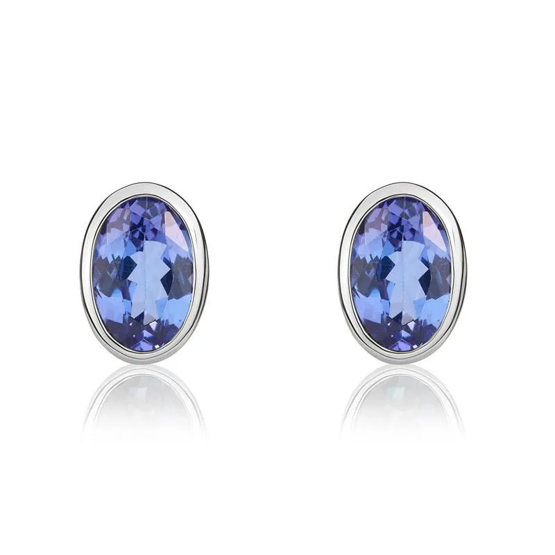 9ct White Gold Tanzanite 6x4mm Oval Rub Over Set Pendant and Stud Earrings Set