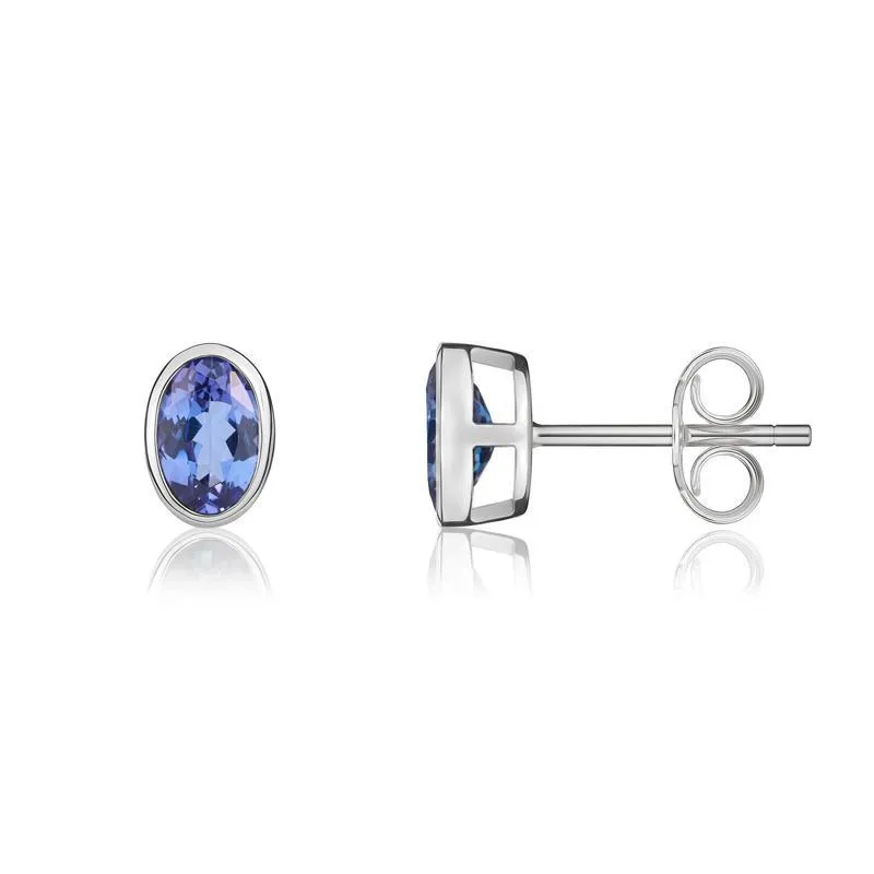 9ct White Gold Tanzanite 6x4mm Oval Rub Over Set Pendant and Stud Earrings Set
