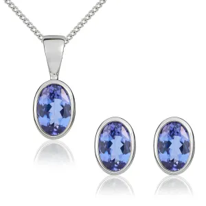 9ct White Gold Tanzanite 6x4mm Oval Rub Over Set Pendant and Stud Earrings Set