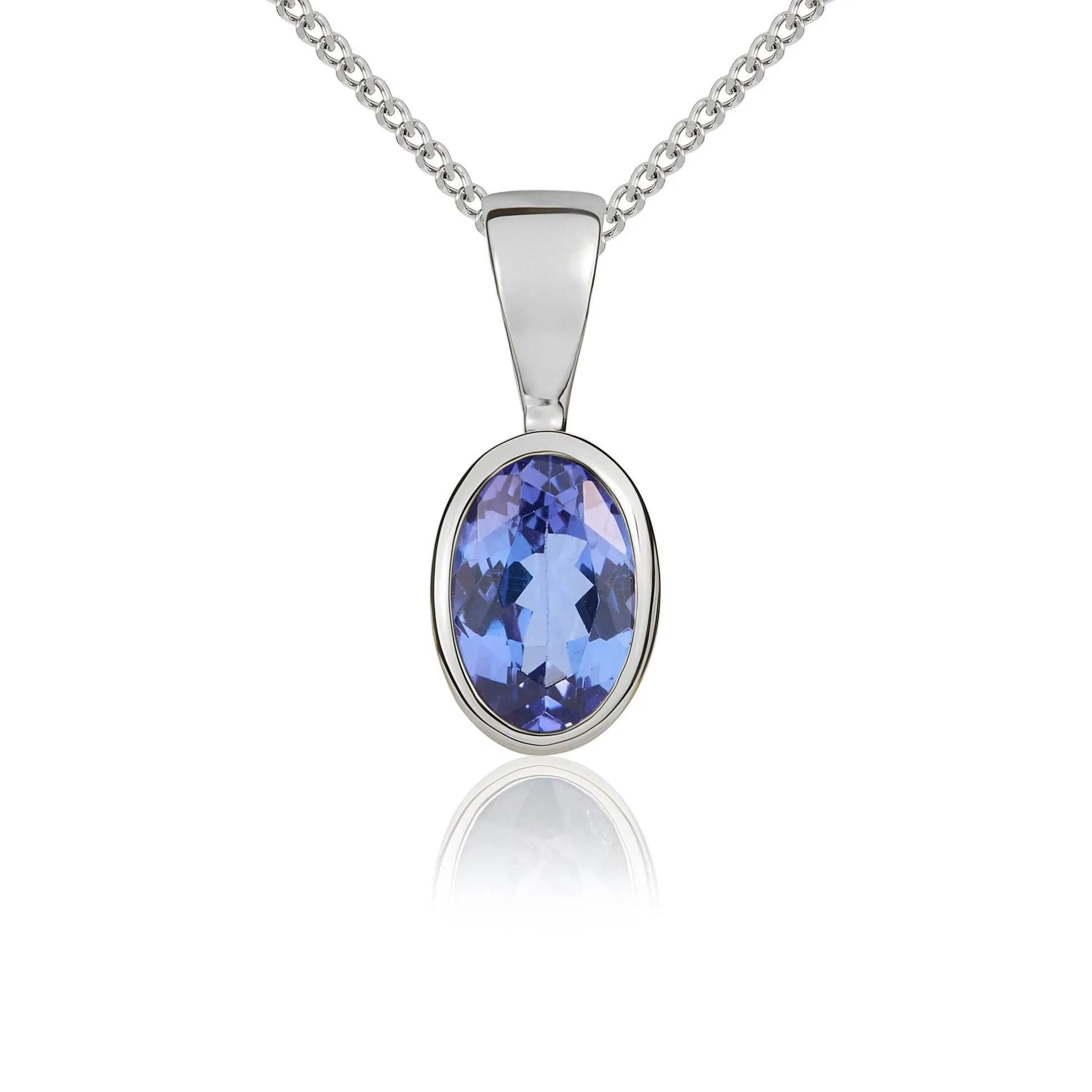 9ct White Gold Tanzanite 6x4mm Oval Rub Over Set Pendant and Stud Earrings Set