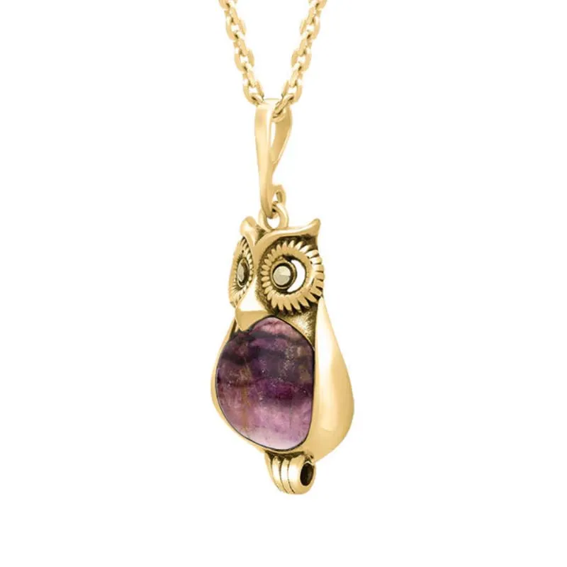 9ct Yellow Gold Blue John Marcasite Small Owl Necklace