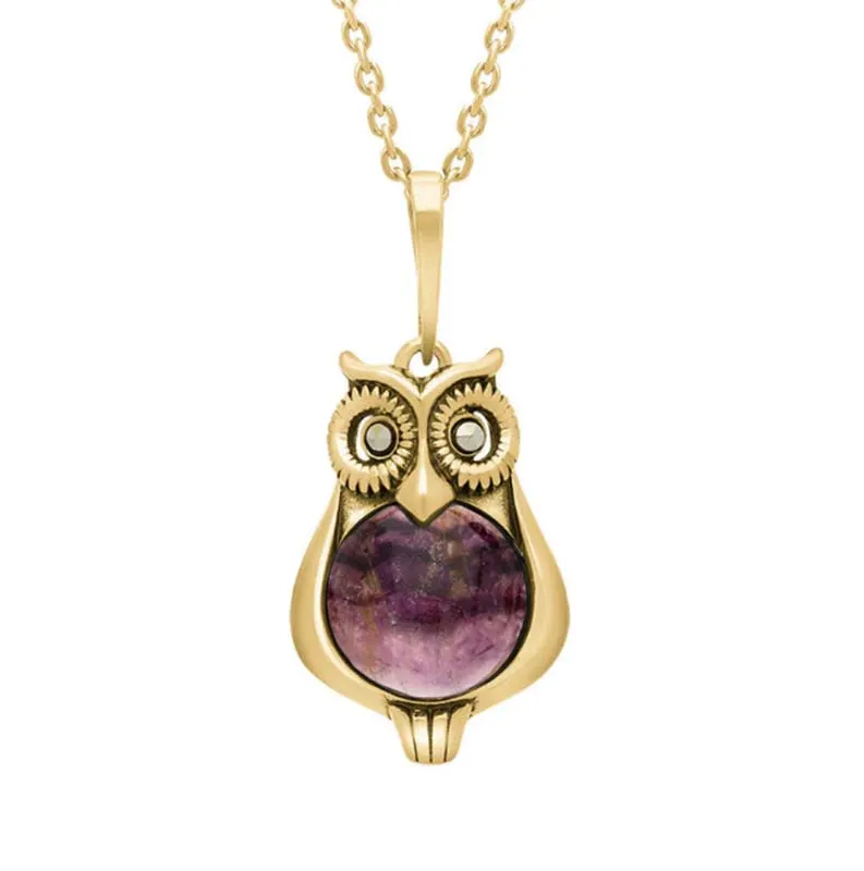 9ct Yellow Gold Blue John Marcasite Small Owl Necklace
