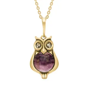 9ct Yellow Gold Blue John Marcasite Small Owl Necklace