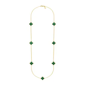 9ct Yellow Gold Malachite Bloom Four Leaf Clover Long Necklace