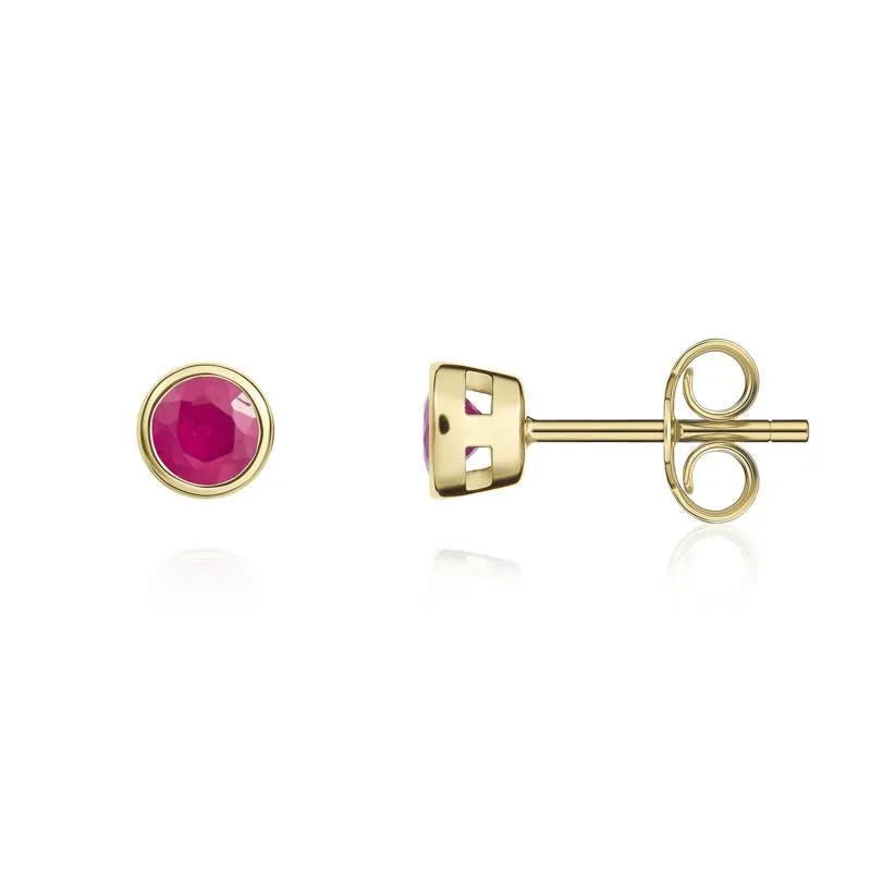9ct Yellow Gold Ruby 3mm Round Rub Over Set Stud Earrings