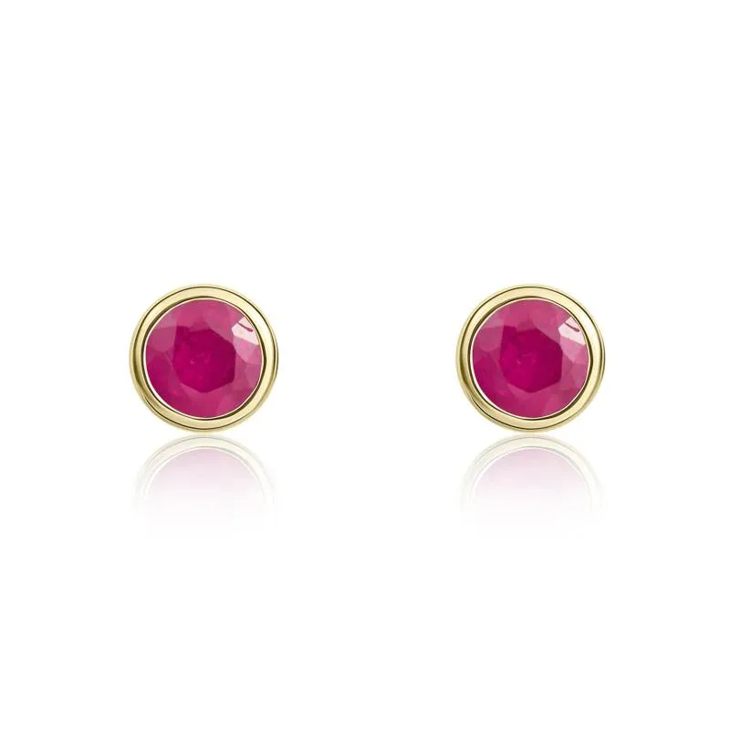 9ct Yellow Gold Ruby 3mm Round Rub Over Set Stud Earrings