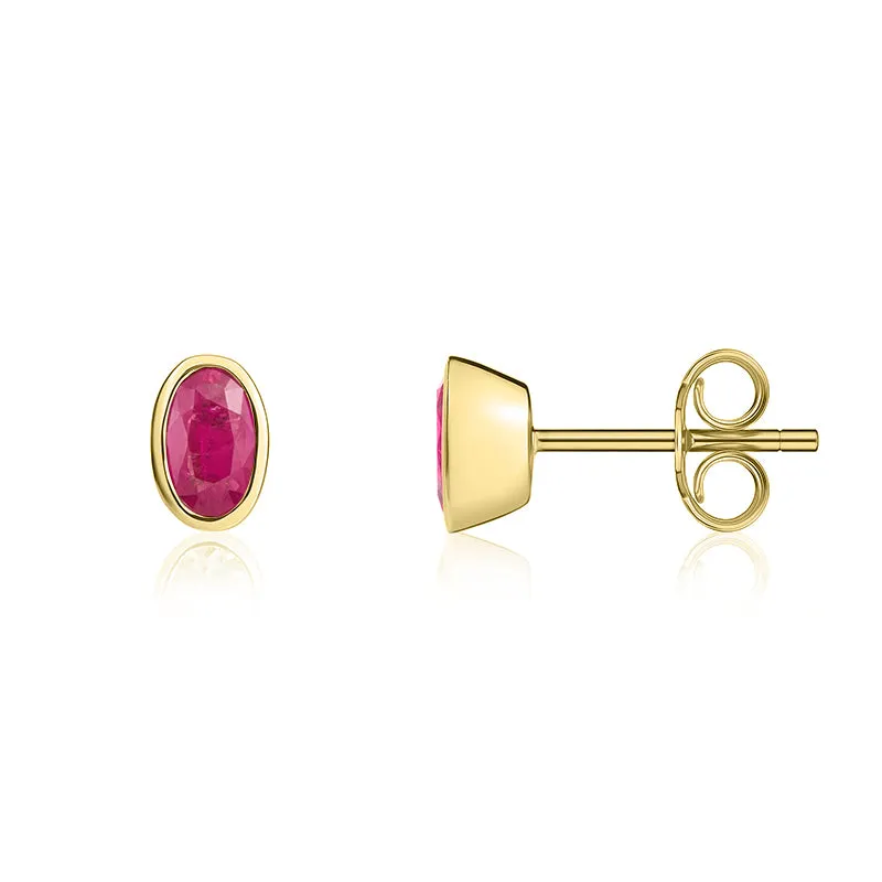 9ct Yellow Gold Ruby 5x3mm Oval Rub Over Set Stud Earrings