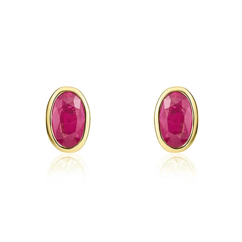 9ct Yellow Gold Ruby 5x3mm Oval Rub Over Set Stud Earrings