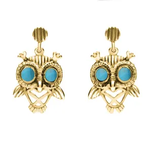 9ct Yellow Gold Turquoise Owl Stud Earrings