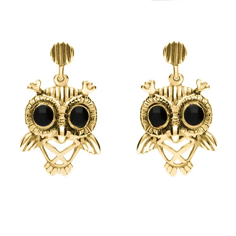 9ct Yellow Gold Whitby Jet Owl Stud Earrings