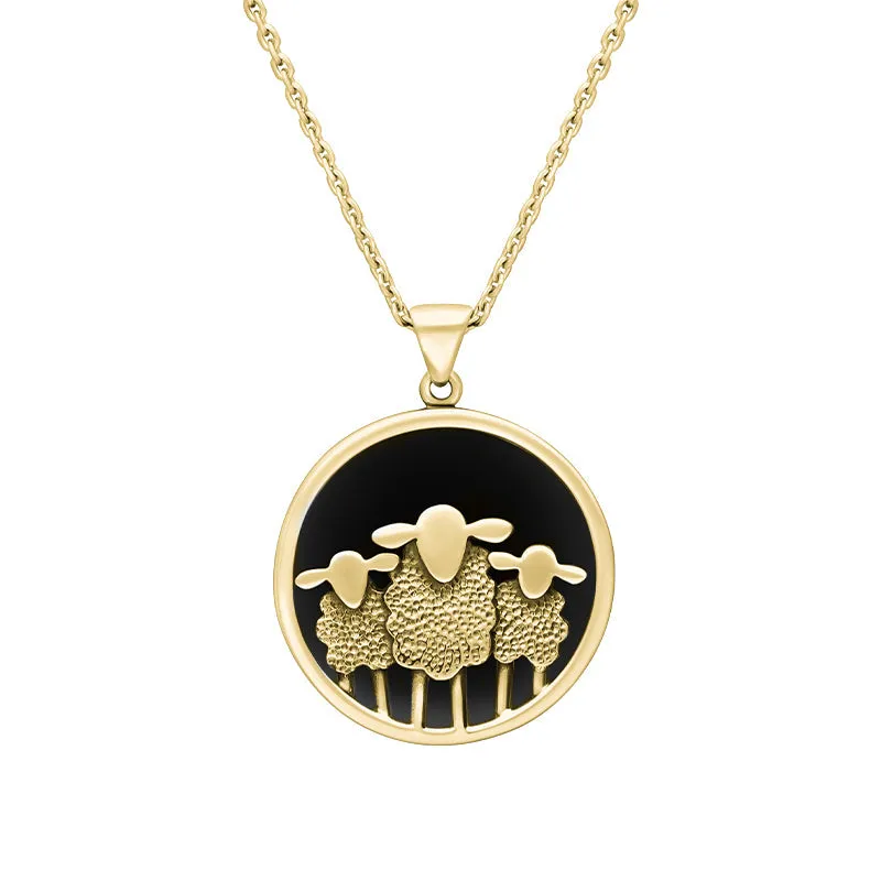 9ct Yellow Gold Whitby Jet Round Sheep Pendant