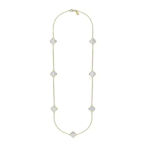 9ct Yellow Gold White Mother of Pearl Bloom Four Leaf Clover Long Necklace